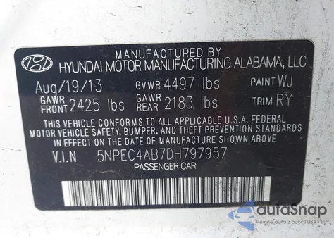 2013 Hyundai Sonata Se z USA, uszkodzony, nr VIN 5NPEC4AB7DH797957